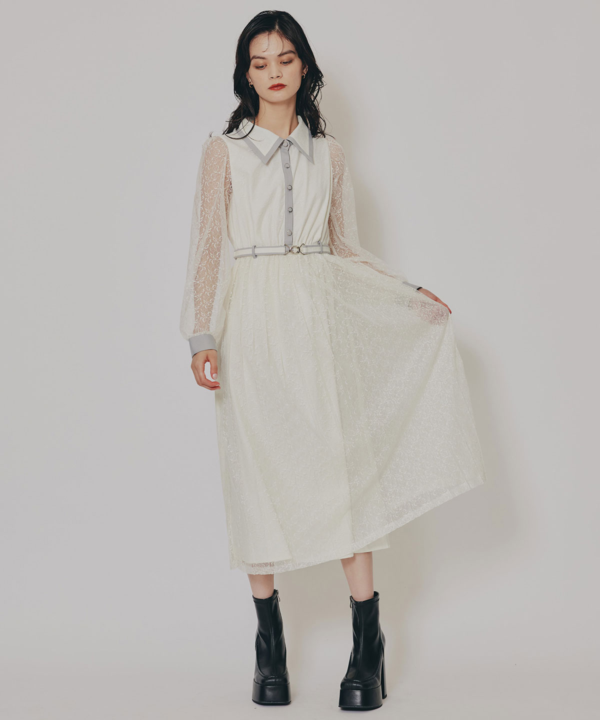 バイカラーレースプリーツロングスリーブワンピース