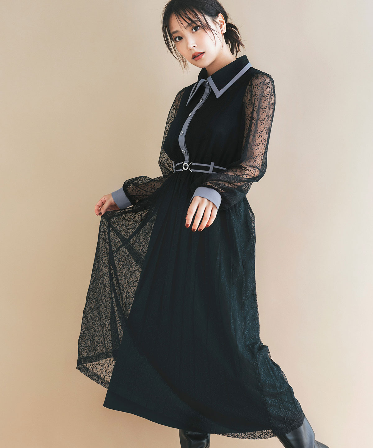 バイカラーレースプリーツロングスリーブワンピース