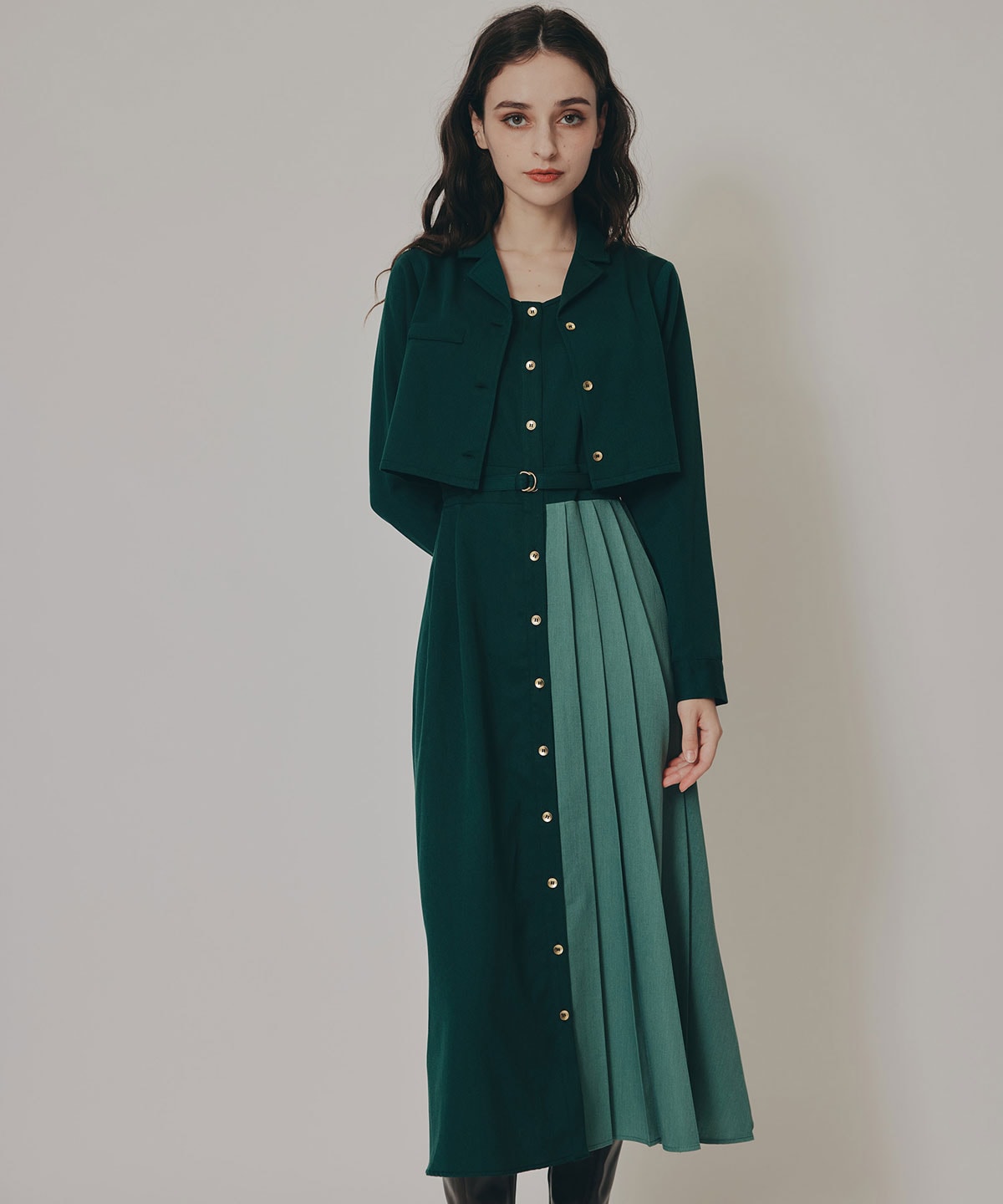 バイカラーアシメプリーツロングスリーブシャツワンピース