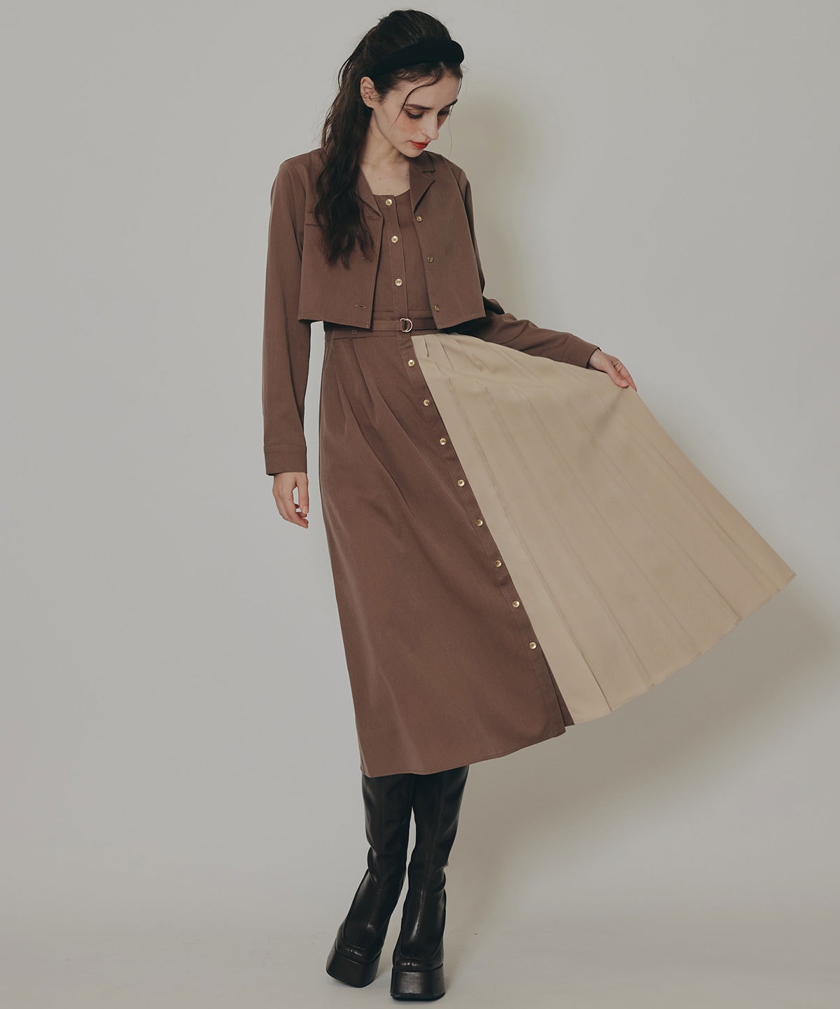 バイカラーアシメプリーツロングスリーブシャツワンピース