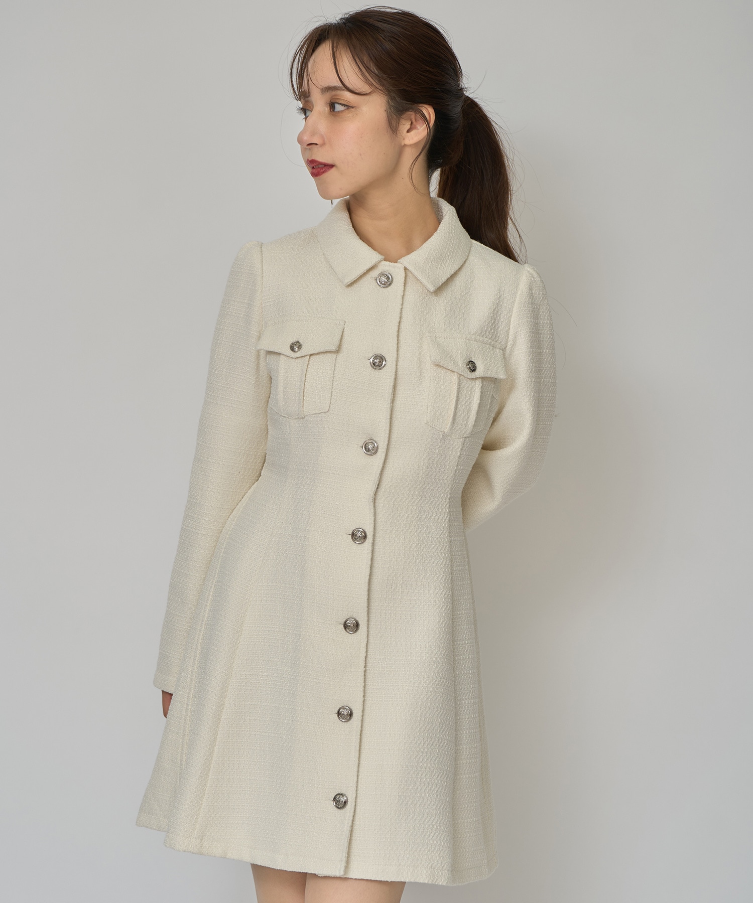 エンブレムボタンツイードシャツミニワンピース