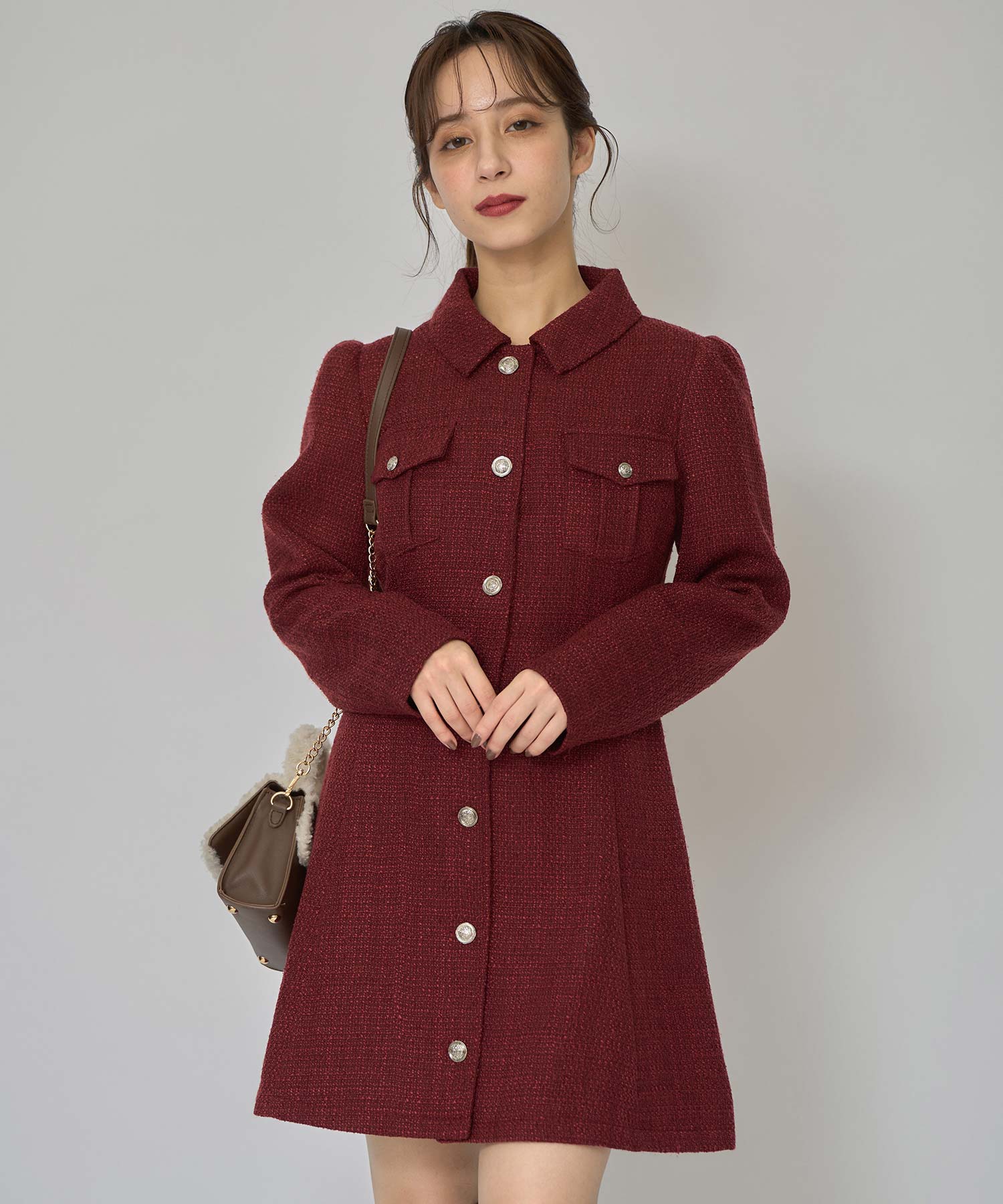 エンブレムボタンツイードシャツミニワンピース