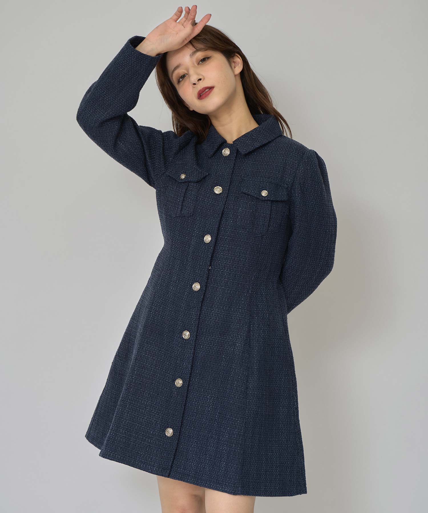 エンブレムボタンツイードシャツミニワンピース