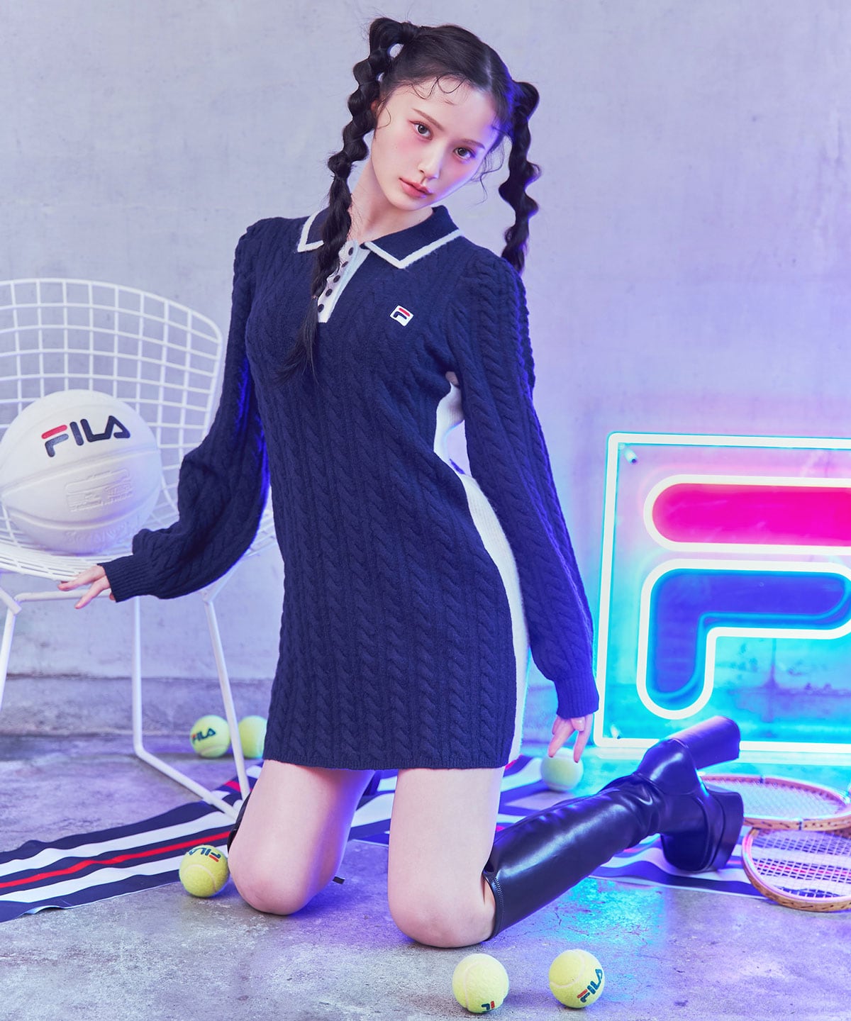 ［FILA×REDYAZEL］ケーブルニットポロミニワンピース