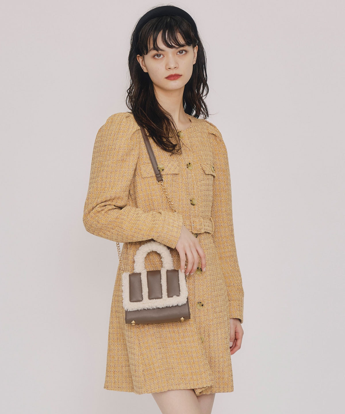 MIXツイードパフスリーブミニワンピース