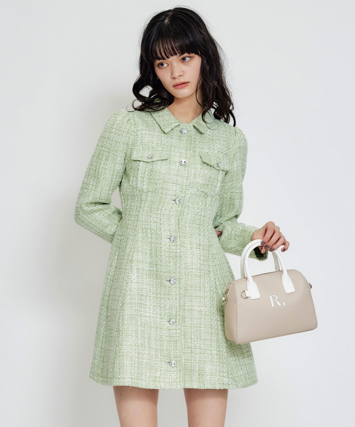 ビジューボタンファンシーツイードシャツミニワンピース