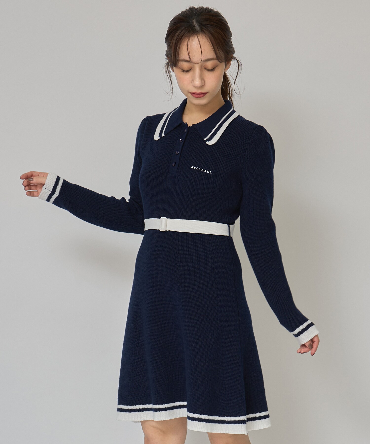 バイカラーポロニットロングスリーブミニワンピース
