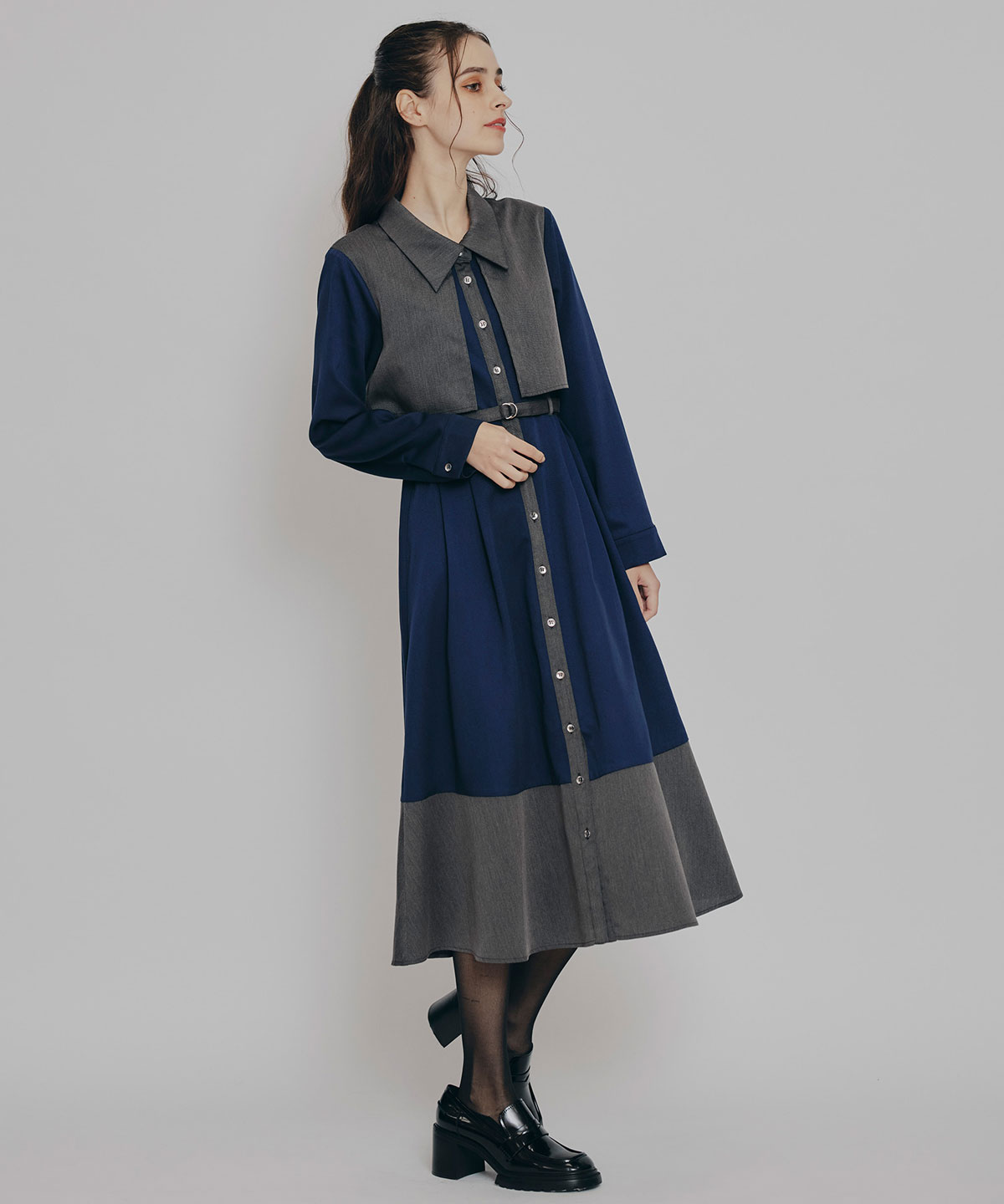 カラーブロッキングシャツロングフレアワンピース