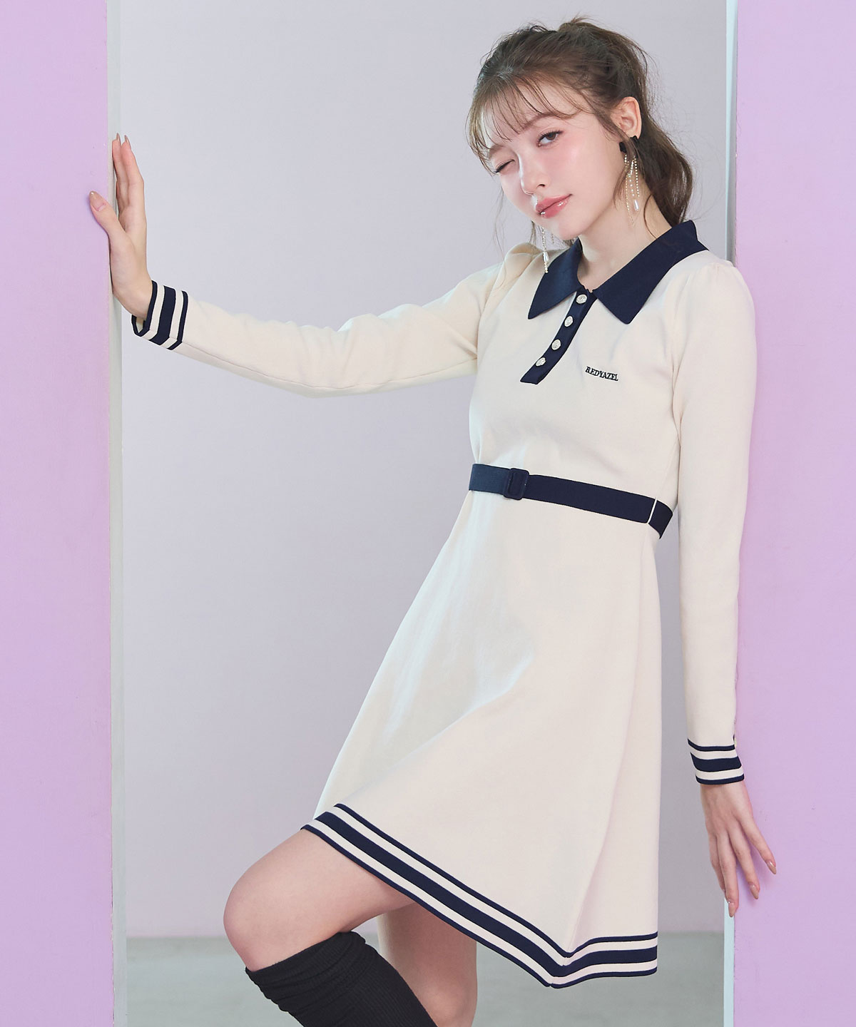 バイカラーポロニットミニワンピース