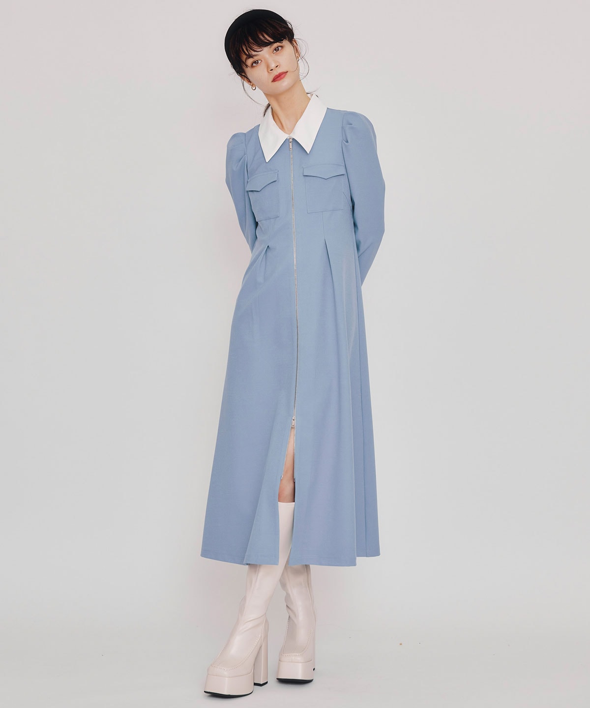 フロントZIPバイカラーロングワンピース