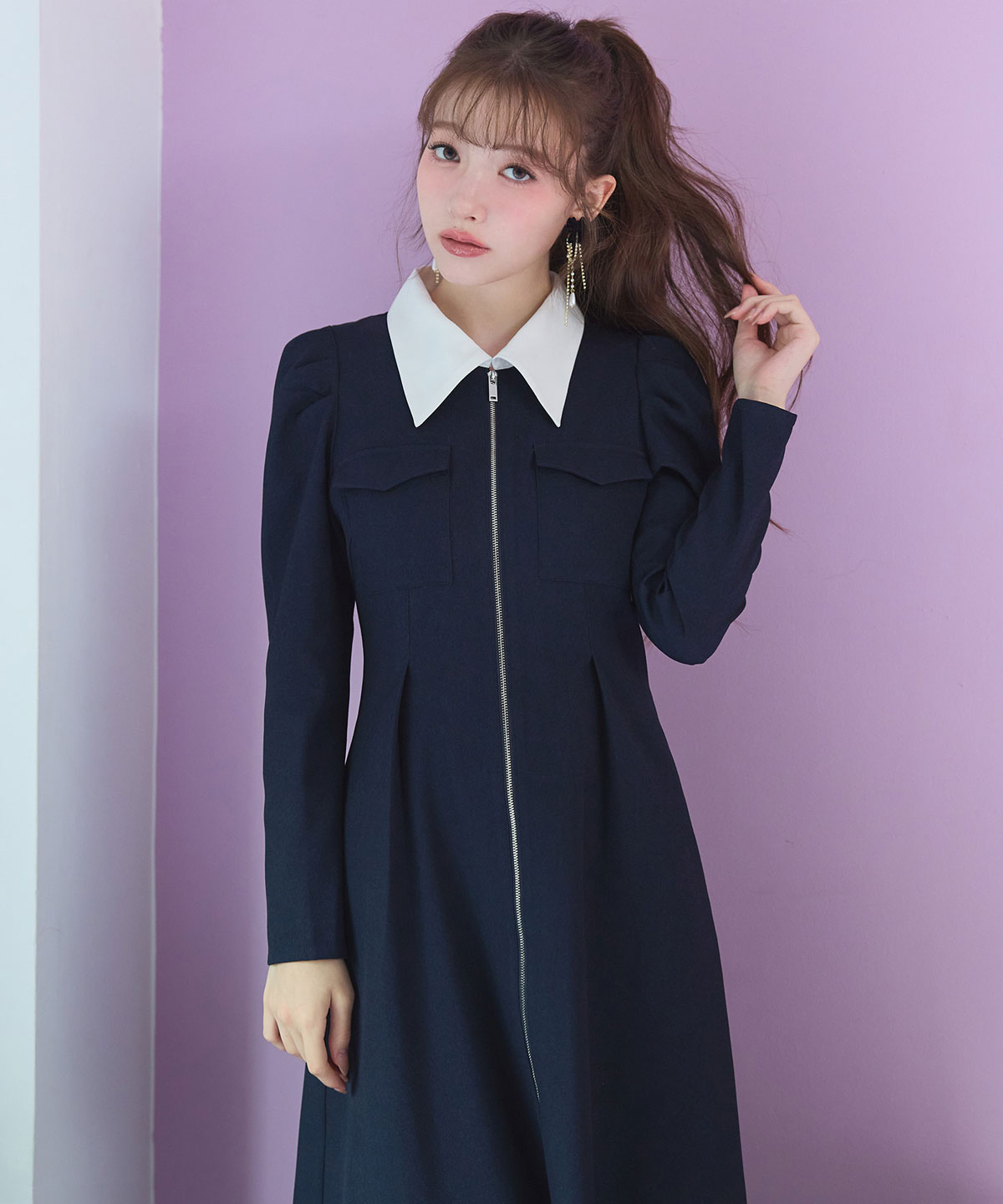 フロントZIPバイカラーロングワンピース