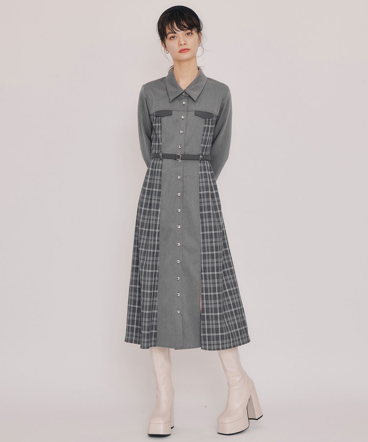 チェックパネルロングワンピース