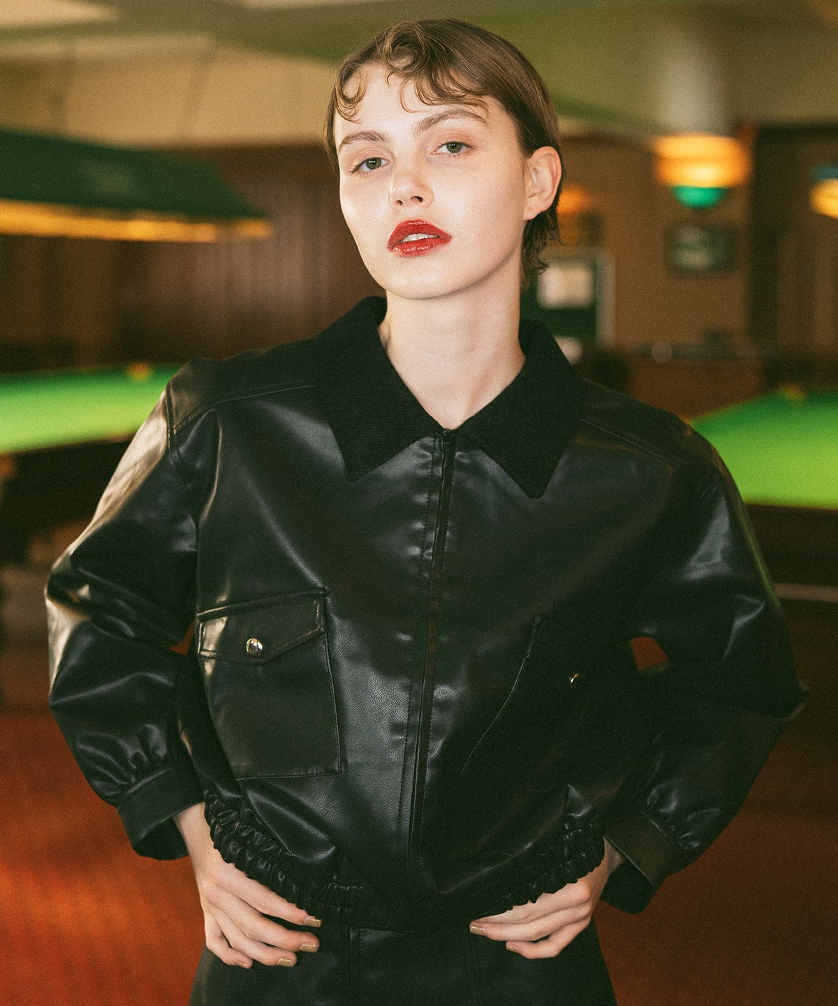 【セットアップ可能】フェイクレザージップブルゾン