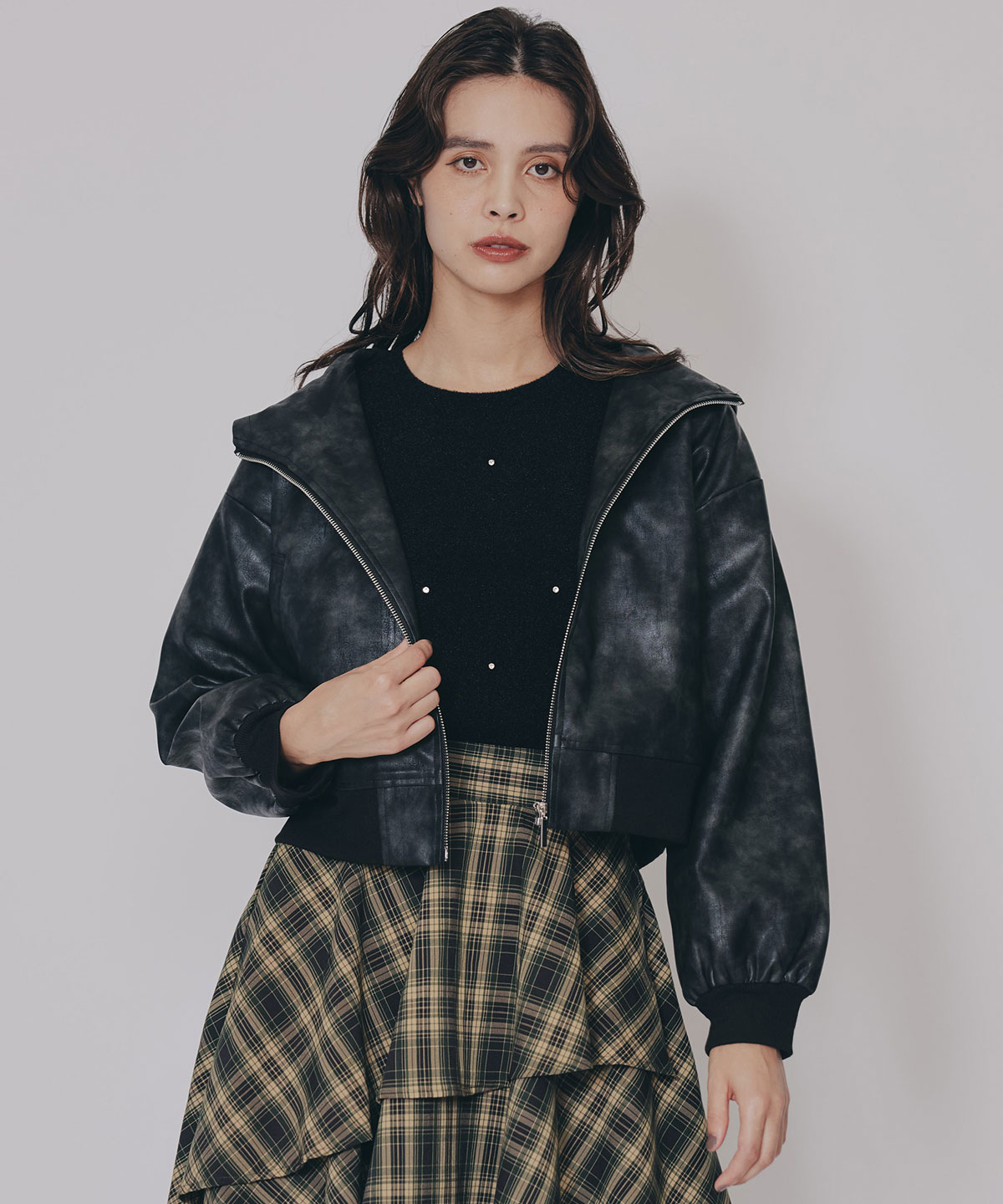 ヴィンテージライクレザーフーディブルゾン