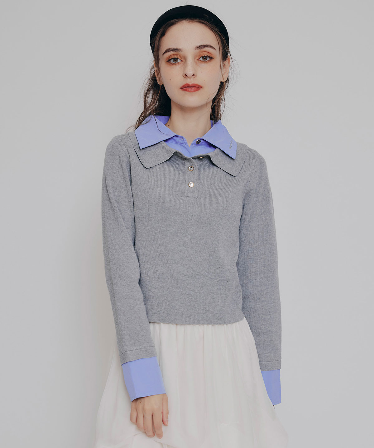 ダブルカラーポロニットトップス