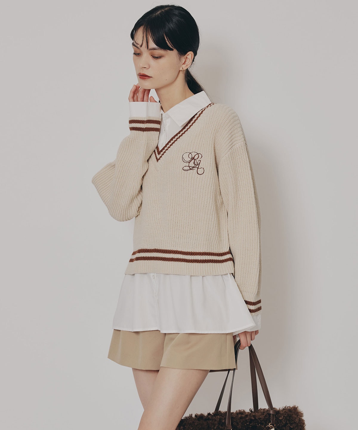 レイヤードシャツドッキングニットプルオーバー