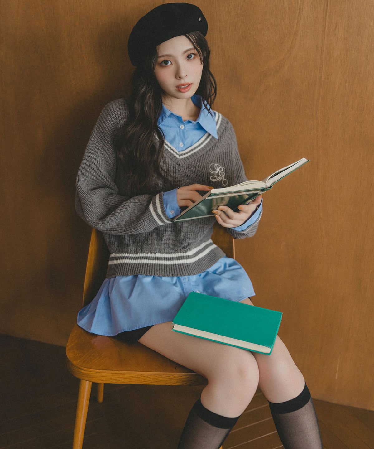 レイヤードシャツドッキングニットプルオーバー