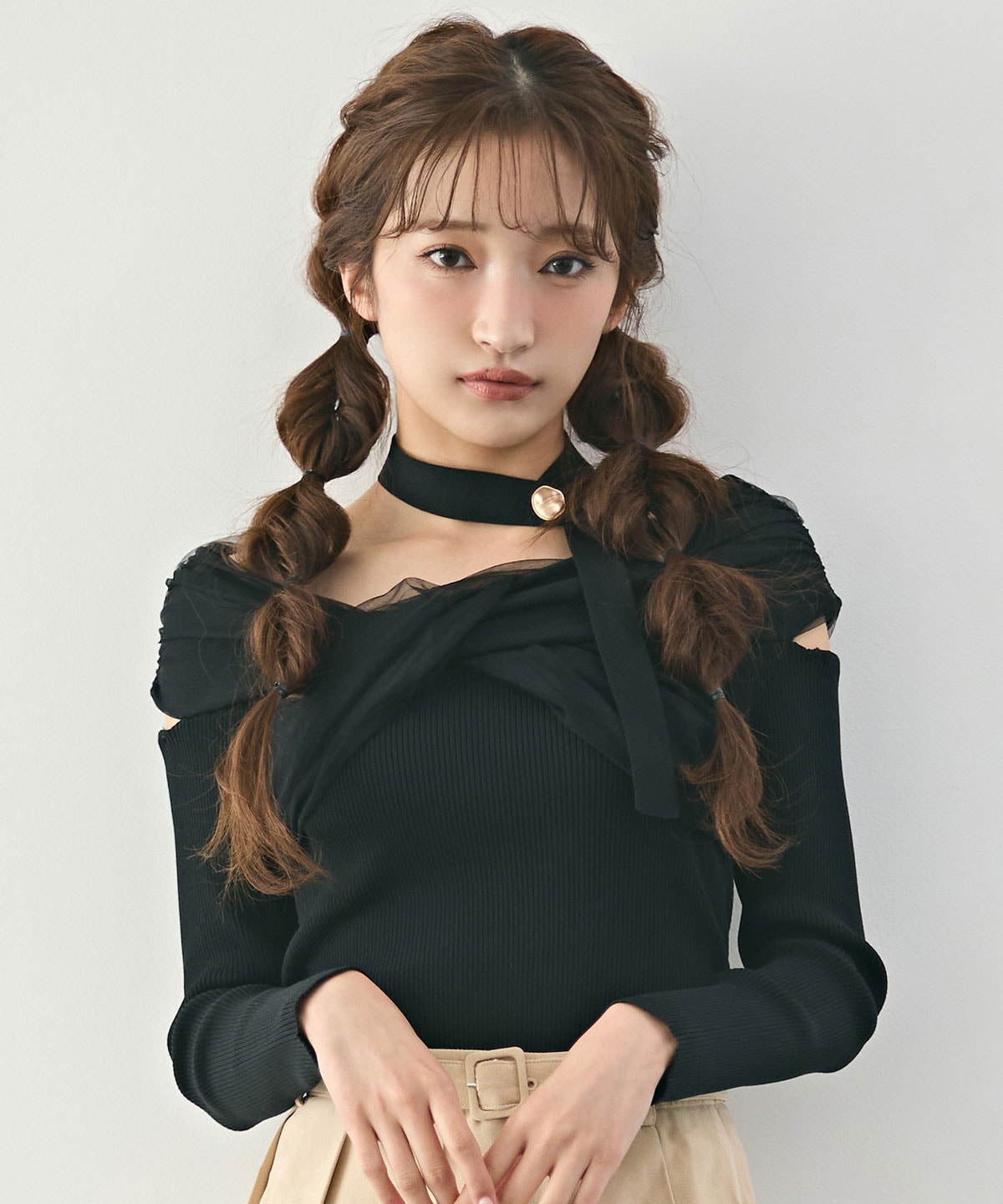 チョーカークロスチュールニットトップス