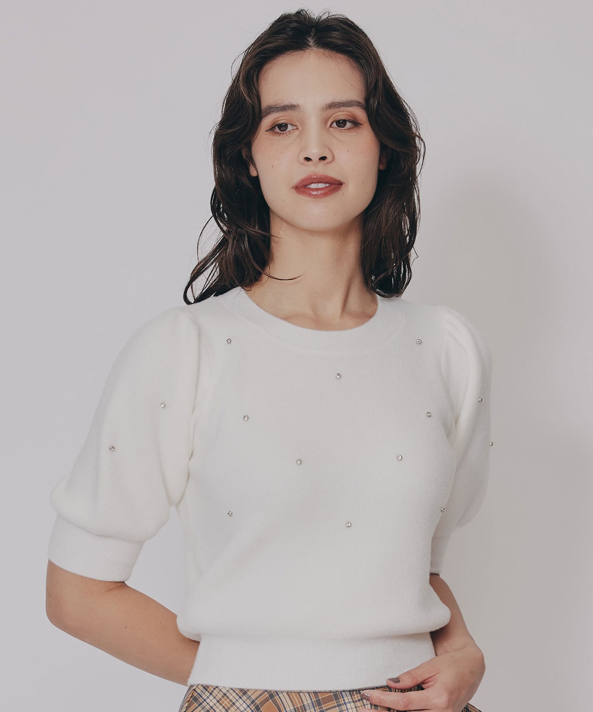 ビジューパフスリーブニットトップス