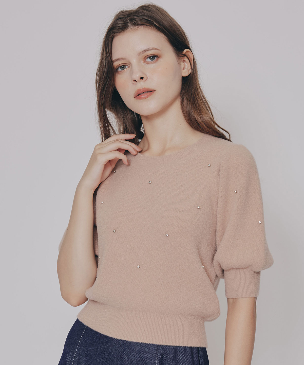 ビジューパフスリーブニットトップス