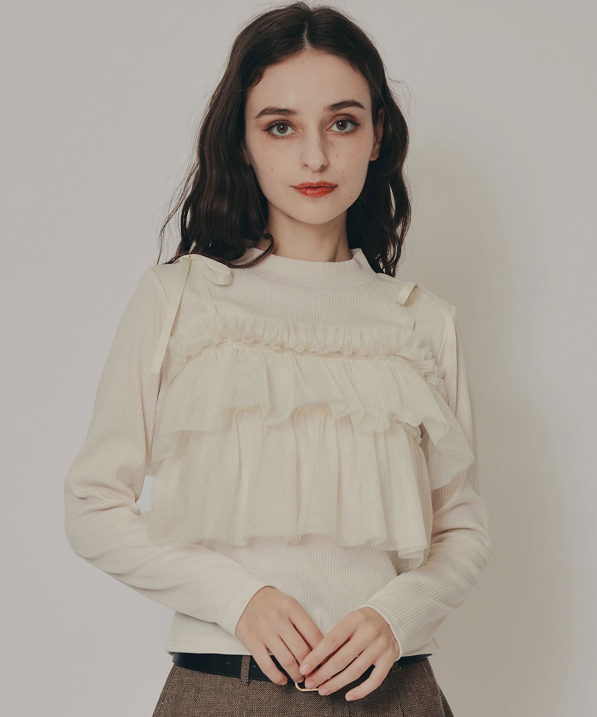 リボンチュールフリルビスチェニットトップス