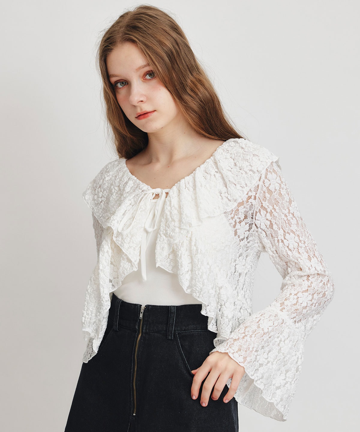 レースフリルカラーショートカーディガン