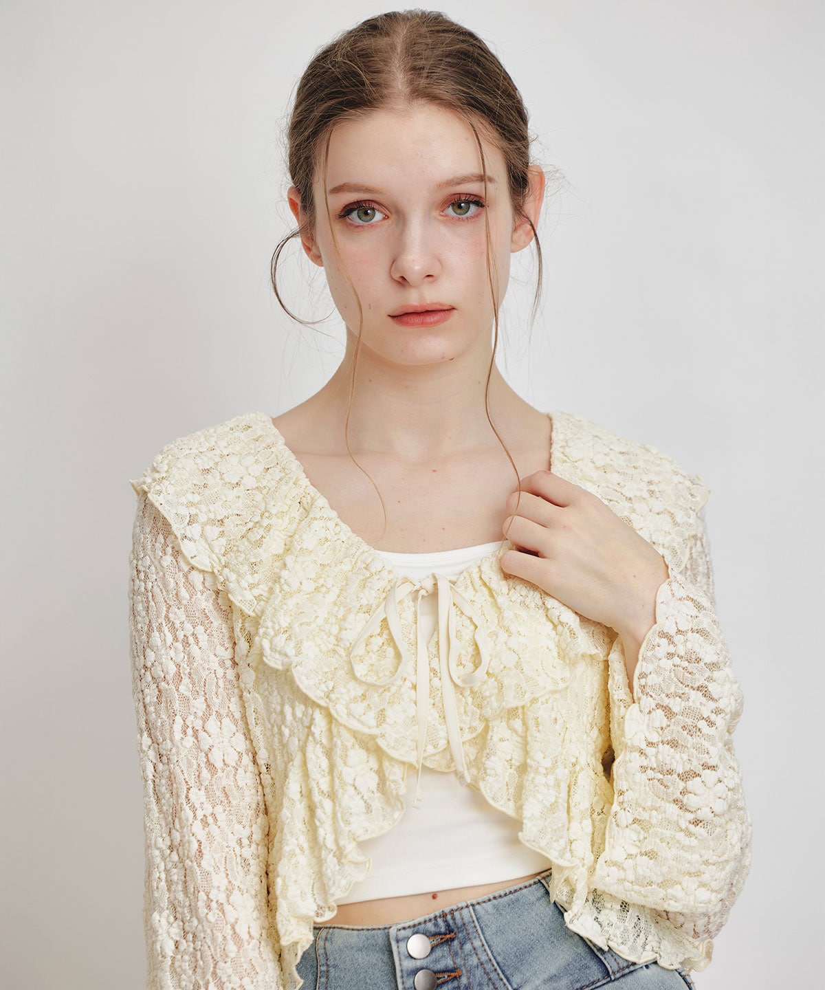 レースフリルカラーショートカーディガン