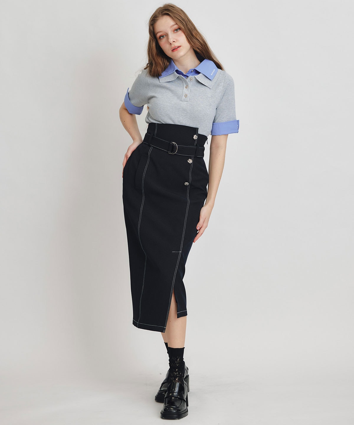 バイカラーステッチカッティングハイウエストタイトロングスカート