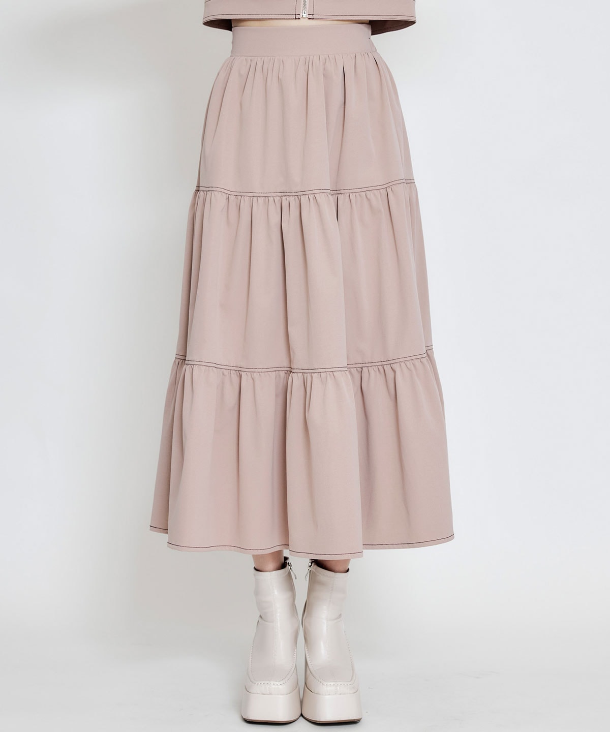 【セットアップ可能】バイカラーステッチティアードロングスカート