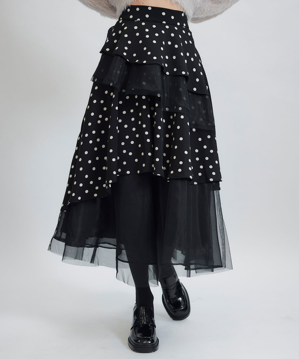 ドットチュールティアードロングスカート
