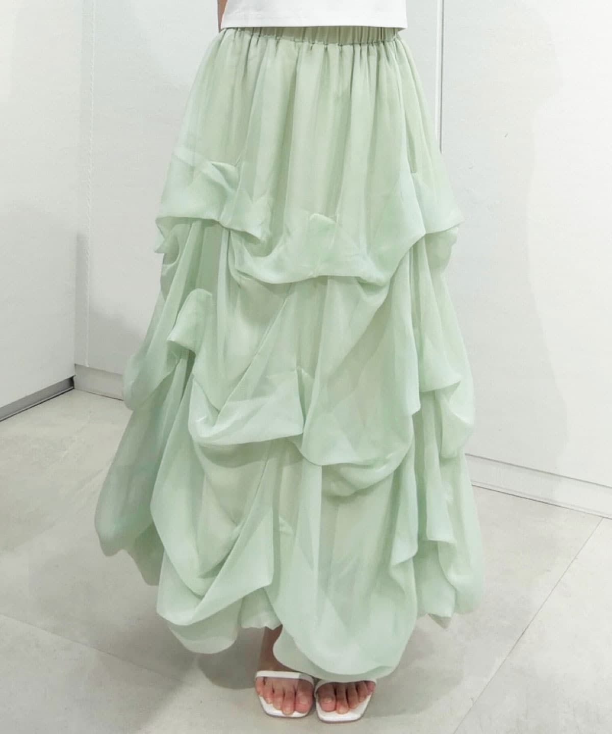 タックバルーンボリュームシフォンロングスカート