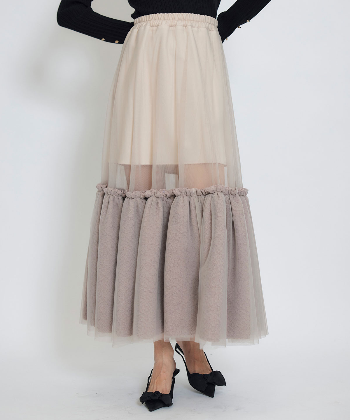 ボリュームシアーチュールフレアロングスカート