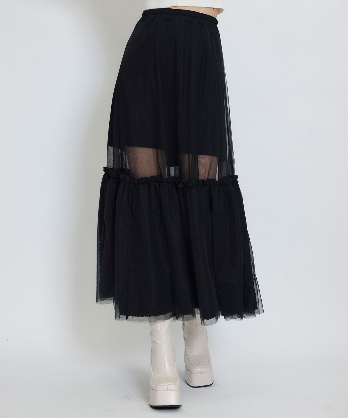 ボリュームシアーチュールフレアロングスカート