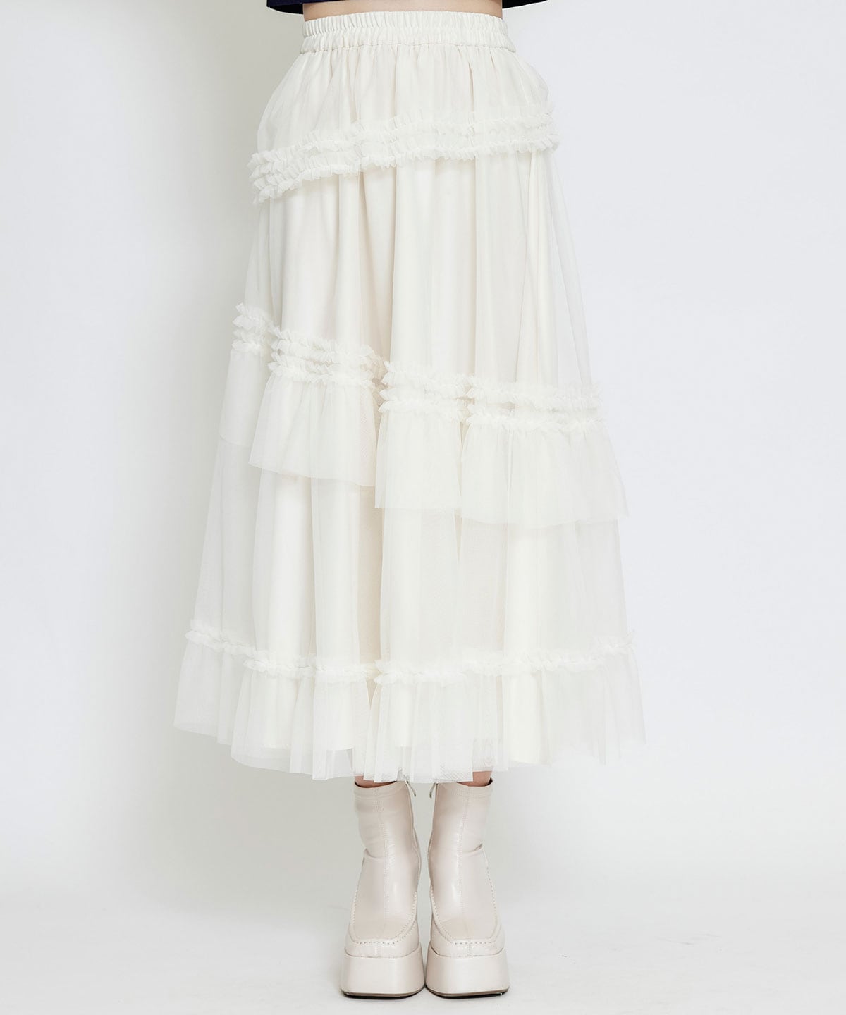 ソフトチュールフリルロングスカート