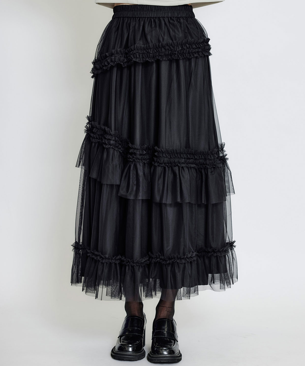 ソフトチュールフリルロングスカート