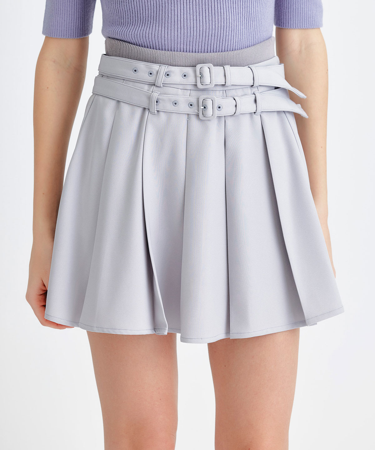 ウエストリブダブルベルトプリーツミニスカート