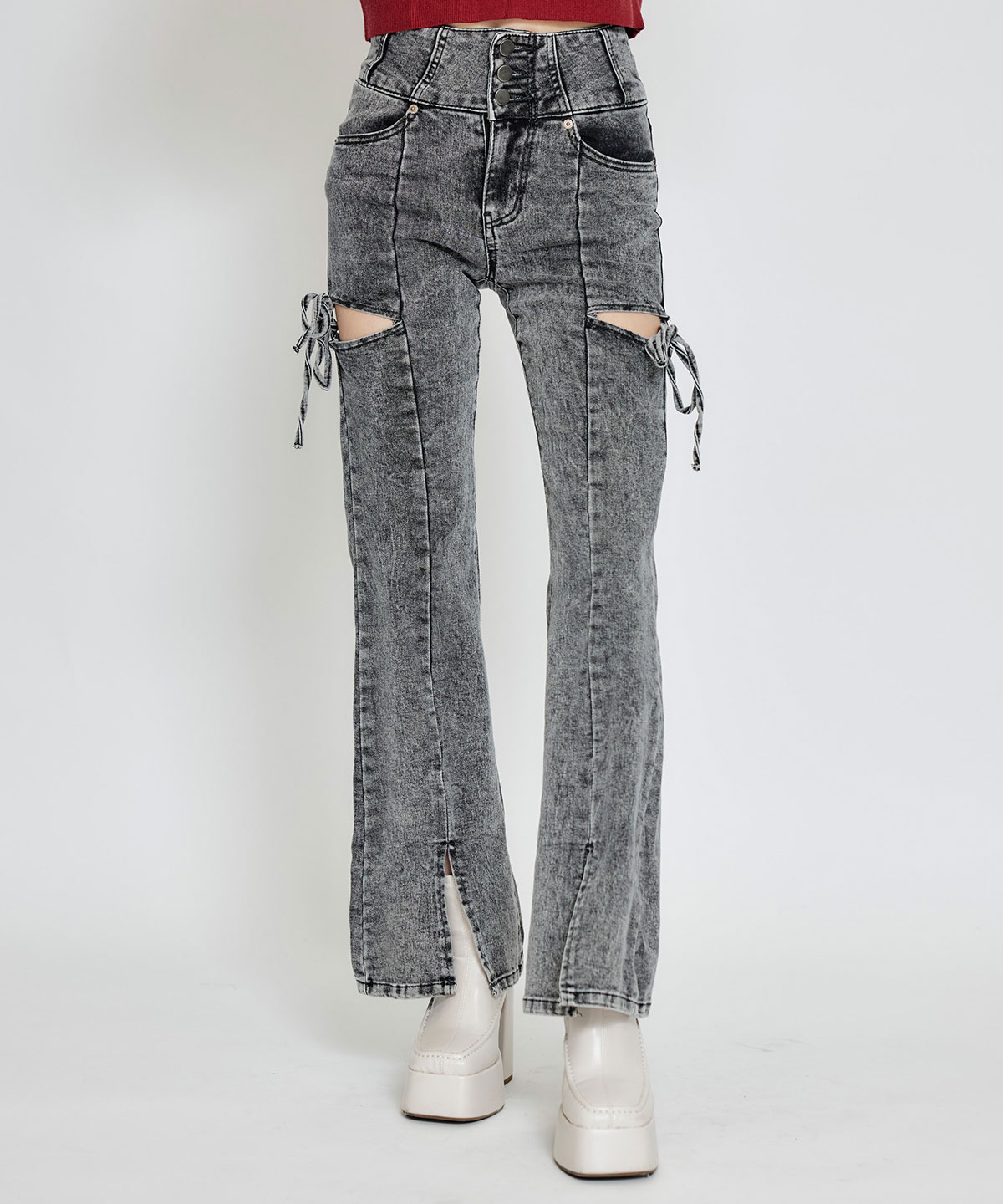 カットアウトリボンストレッチデニム