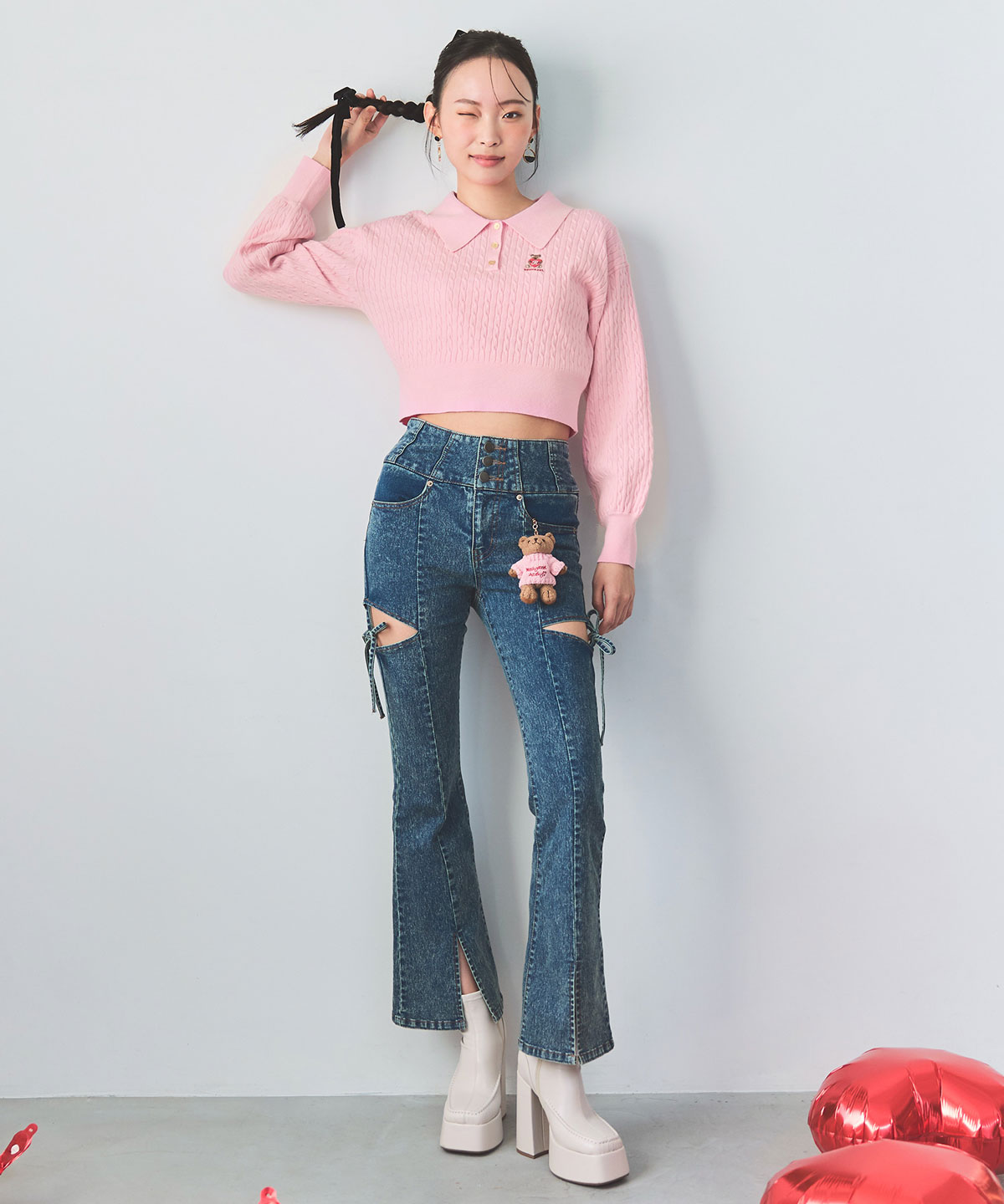 カットアウトリボンストレッチデニム