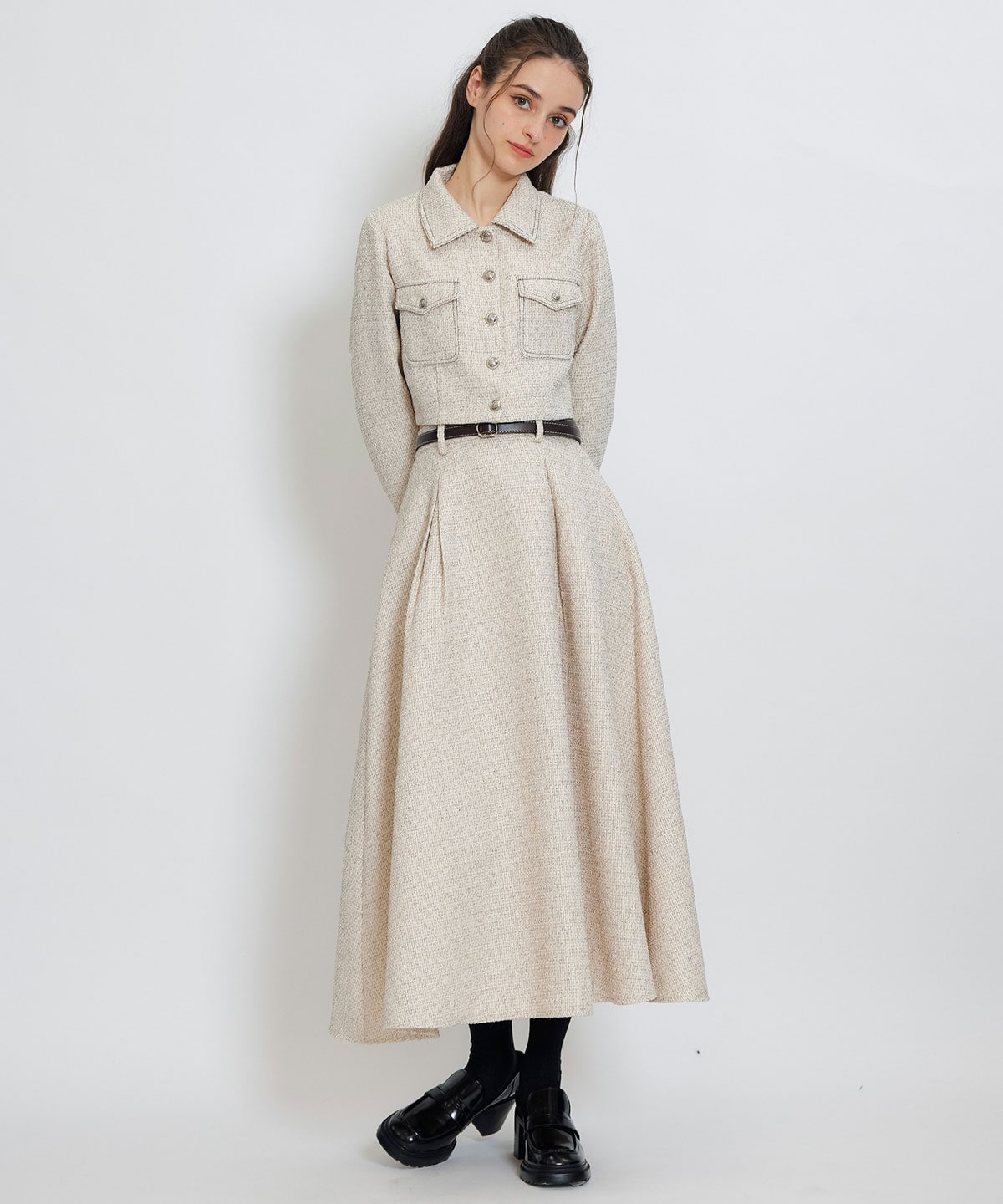 ダブルステッチツイードブラウス×フレアロングスカートセットアップ