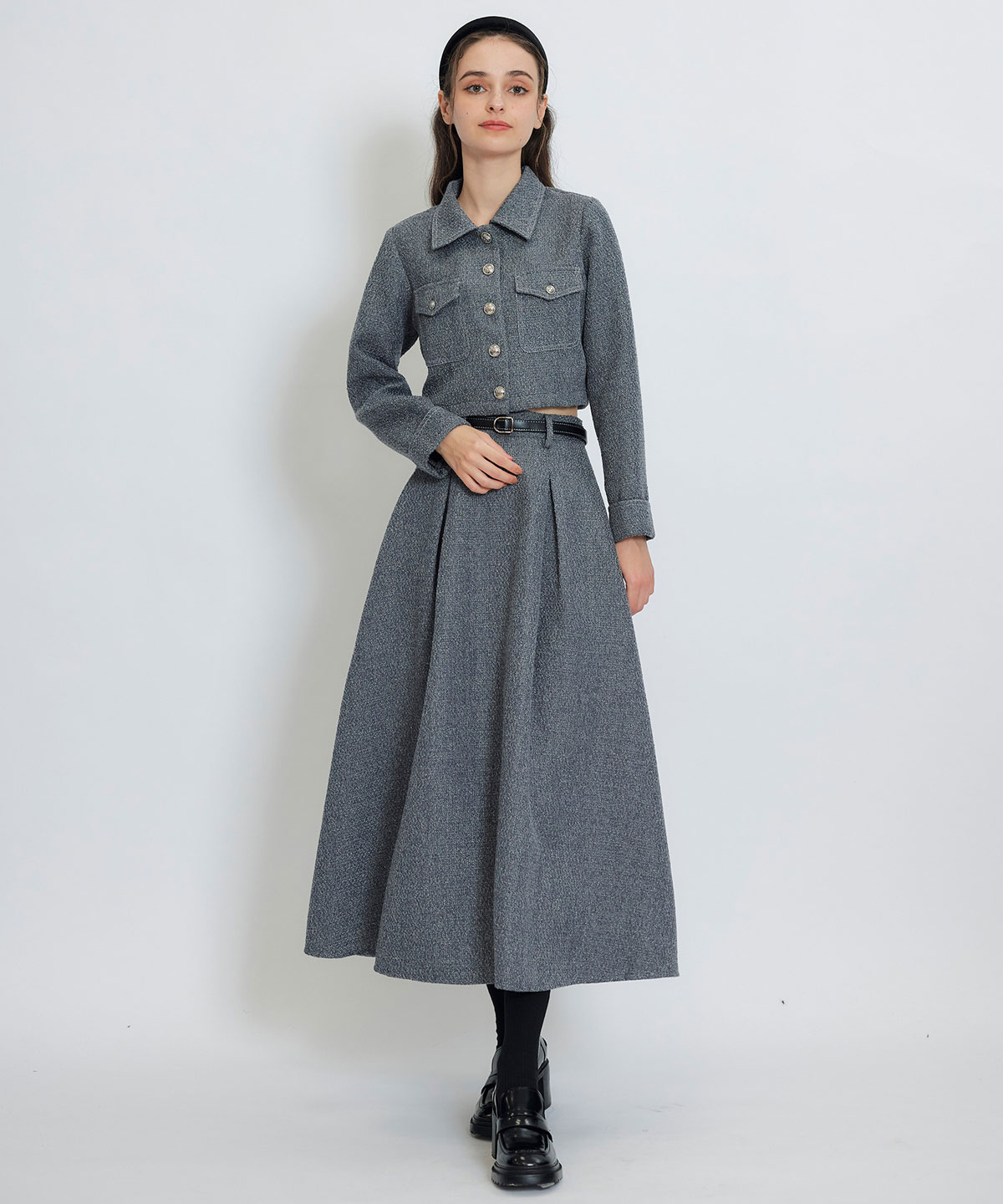 ダブルステッチツイードブラウス×フレアロングスカートセットアップ