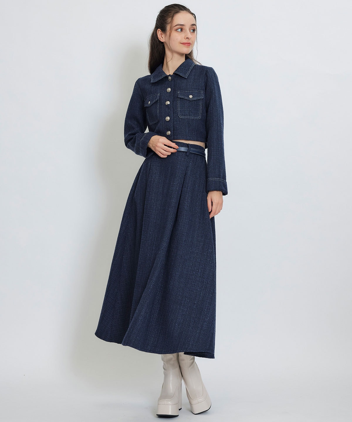 ダブルステッチツイードブラウス×フレアロングスカートセットアップ