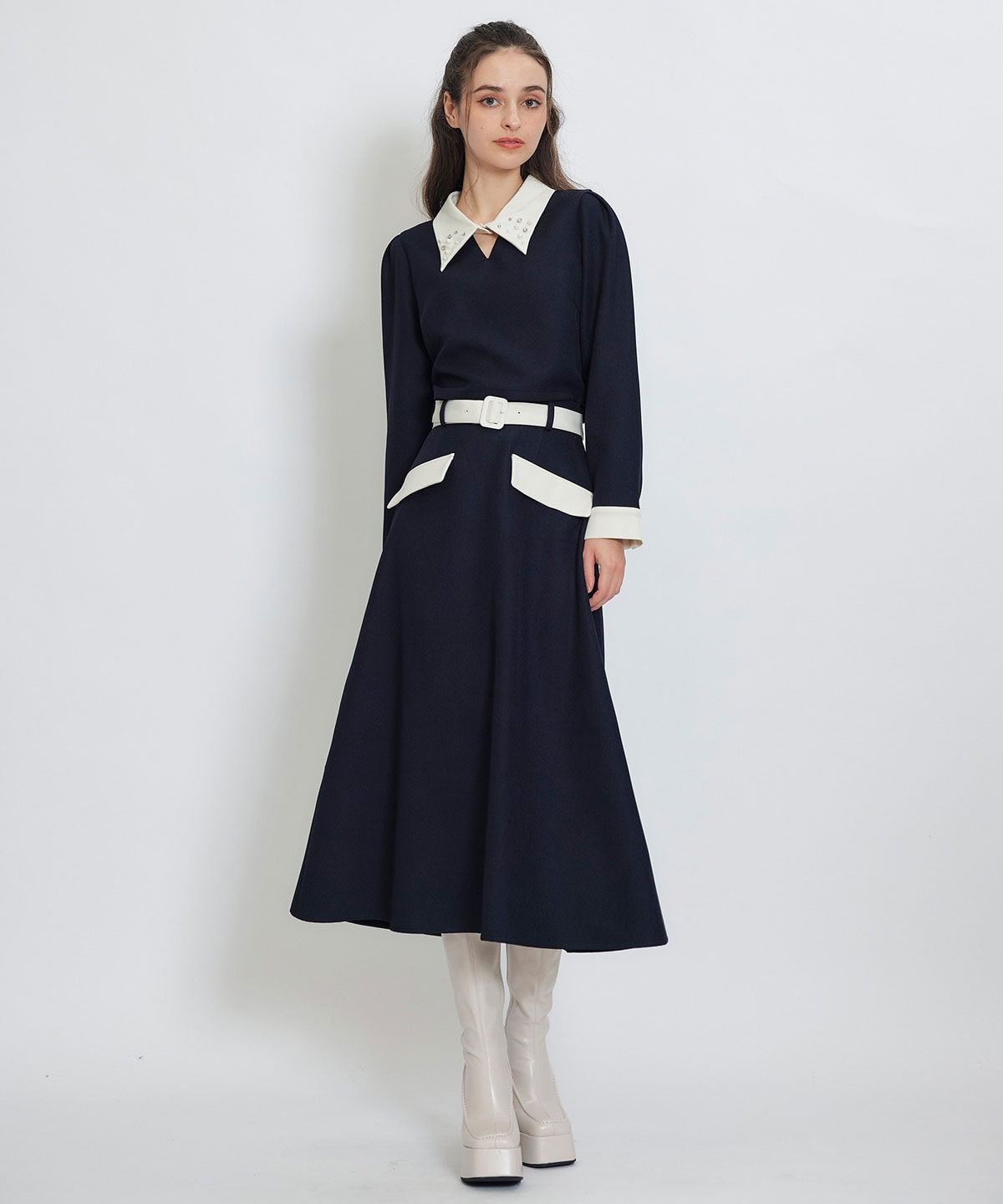 ビジューカラーコンパクトブラウス×バイカラーロングフレアスカートセットアップ