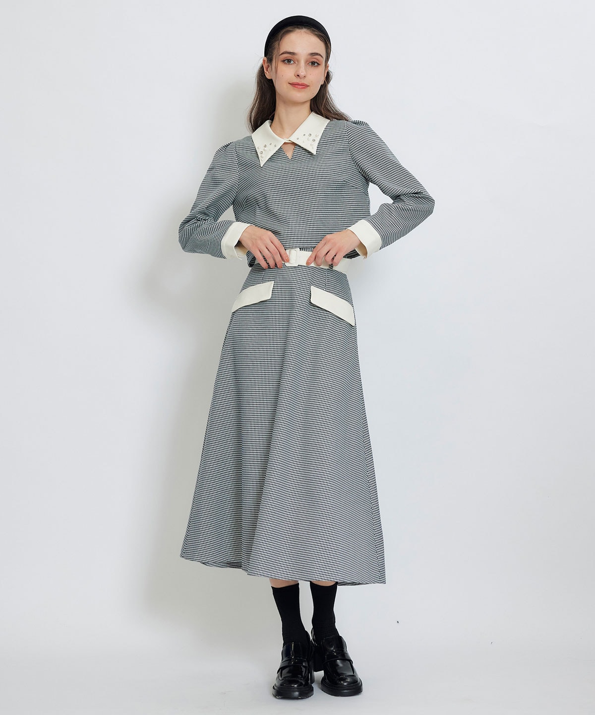 ビジューカラーコンパクトブラウス×バイカラーロングフレアスカートセットアップ