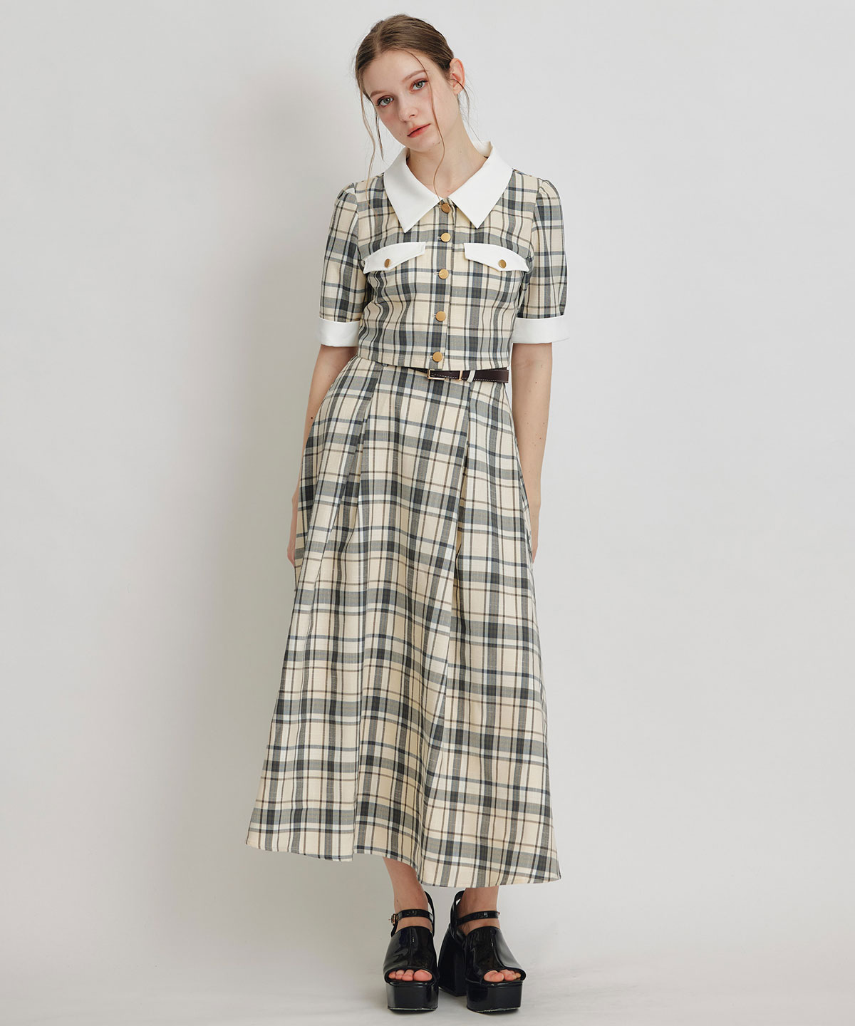 バイカラーチェックブラウス×フレアロングスカートセットアップ