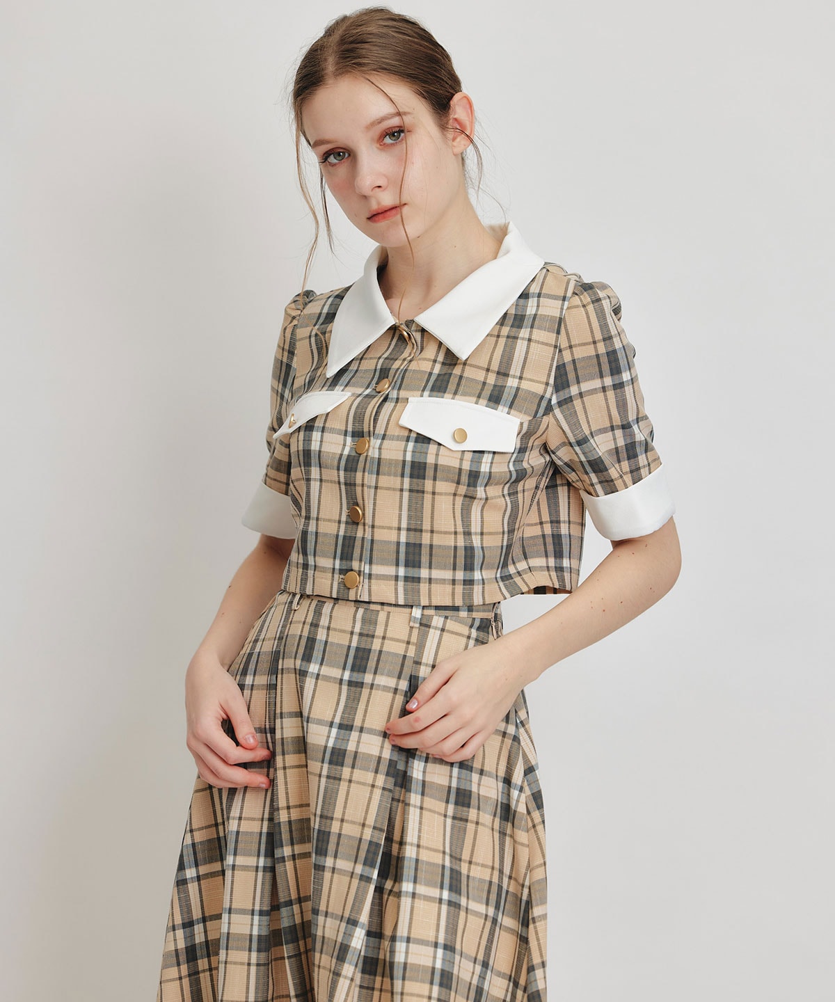 バイカラーチェックブラウス×フレアロングスカートセットアップ