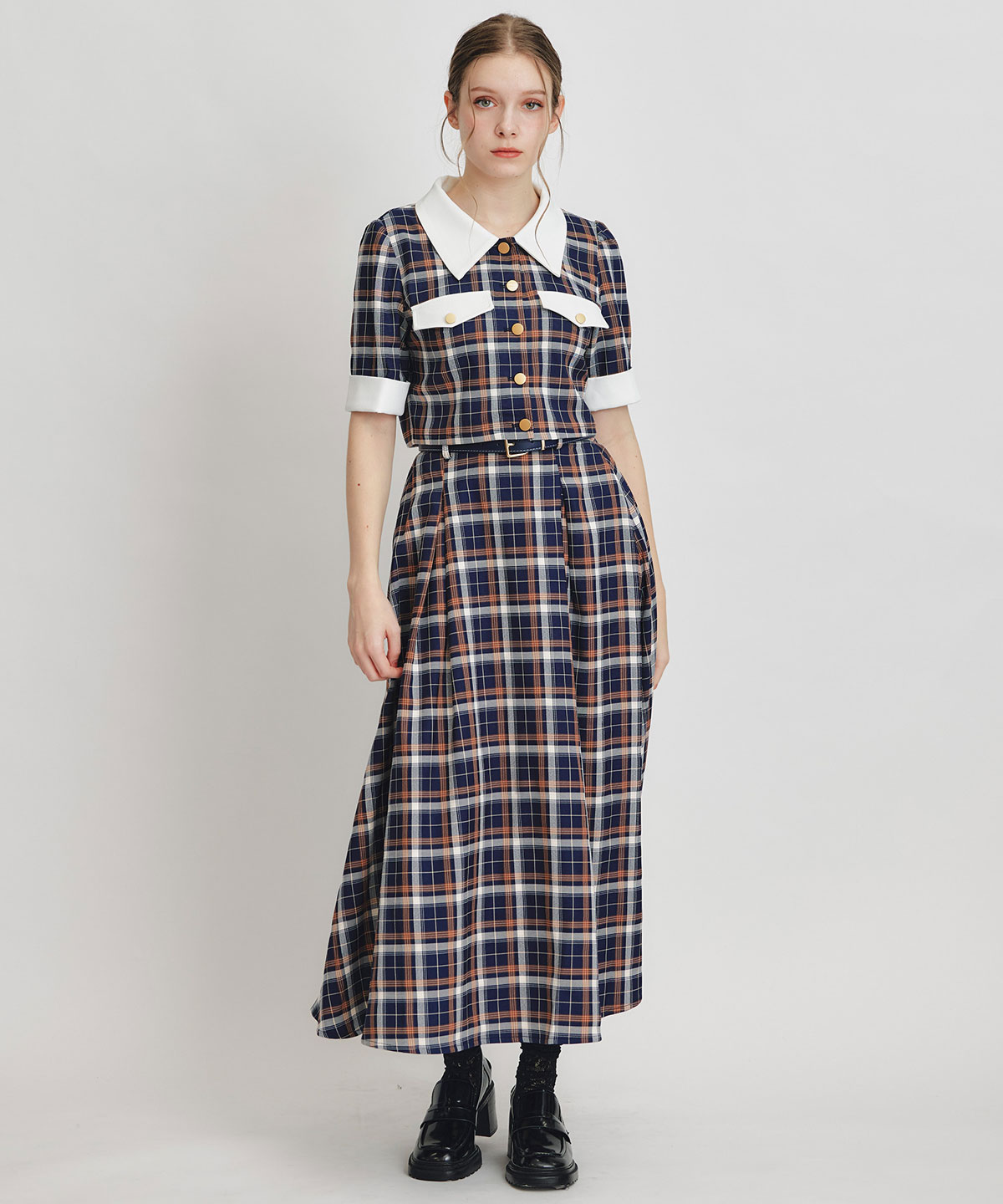 バイカラーチェックブラウス×フレアロングスカートセットアップ