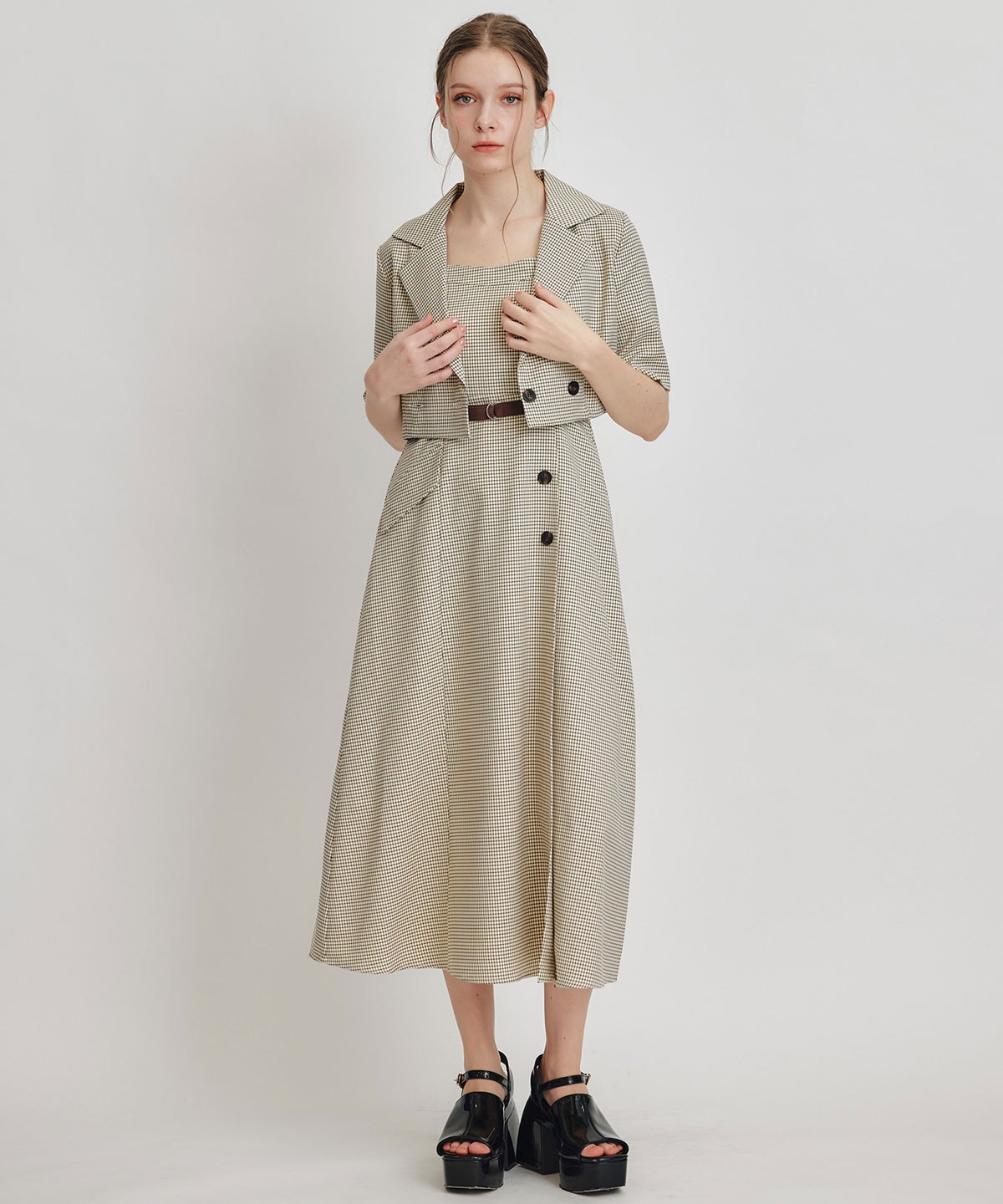 チェックショートジャケットｘアクセントベルトフレアロングワンピースセットアップ