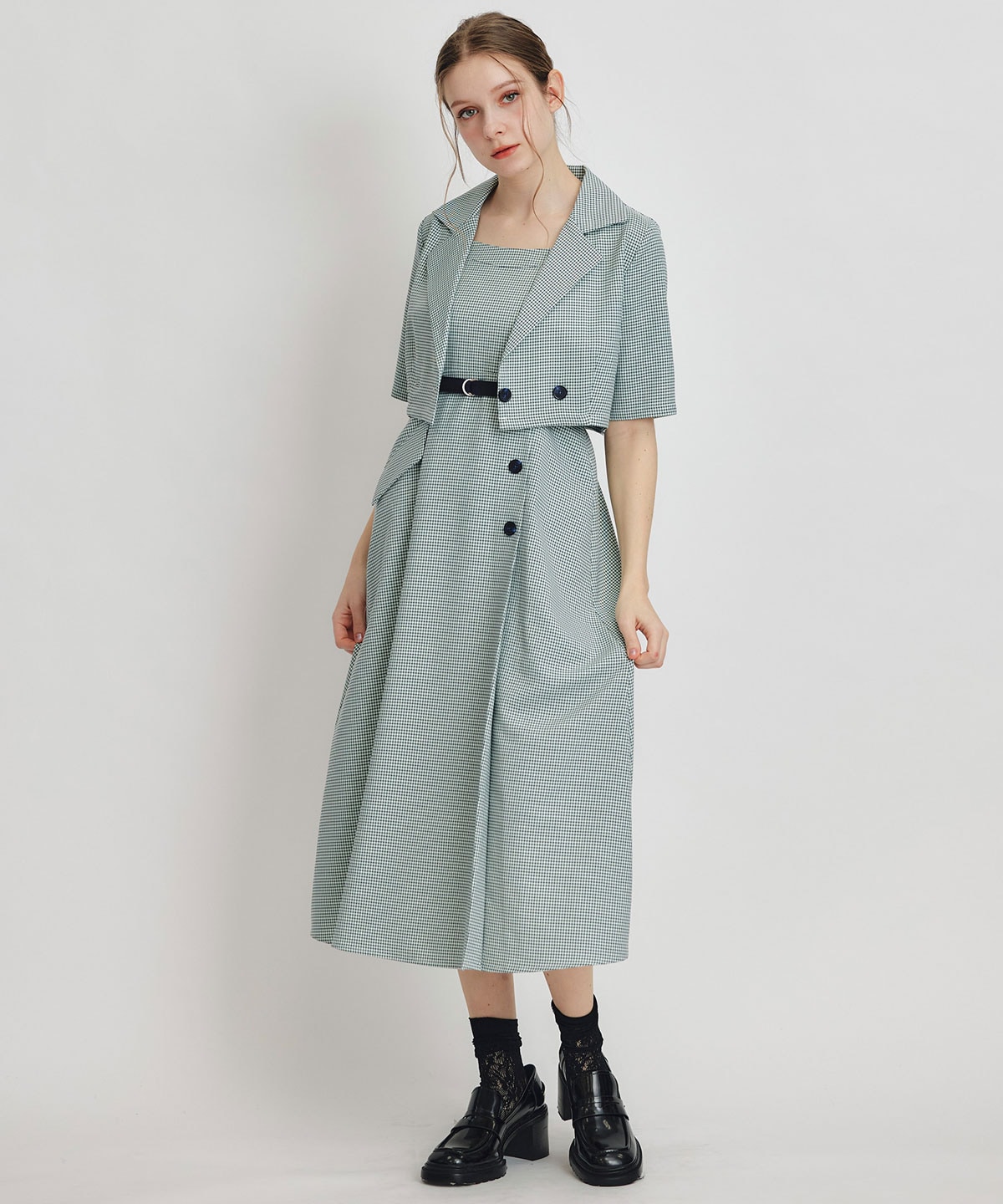 チェックショートジャケットｘアクセントベルトフレアロングワンピースセットアップ
