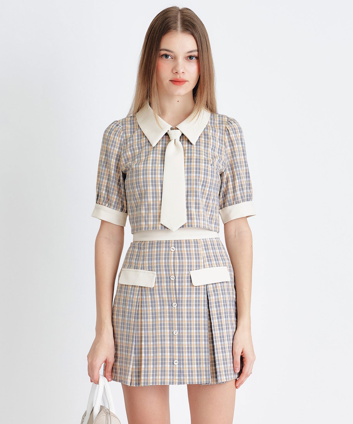 プレッピーネクタイチェックブラウス×プリーツミニスカートセットアップ