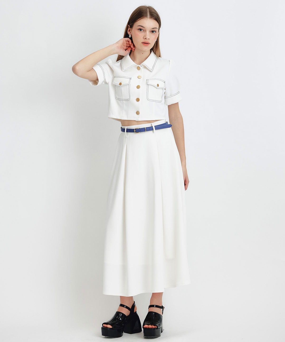 ショートジャケット×フレアロングスカートセットアップ